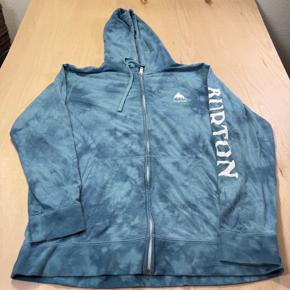 Burton Blue Tie Dye Full Zip Hoodie Mens Large Logo‎ Sleeve Mountain Graphic